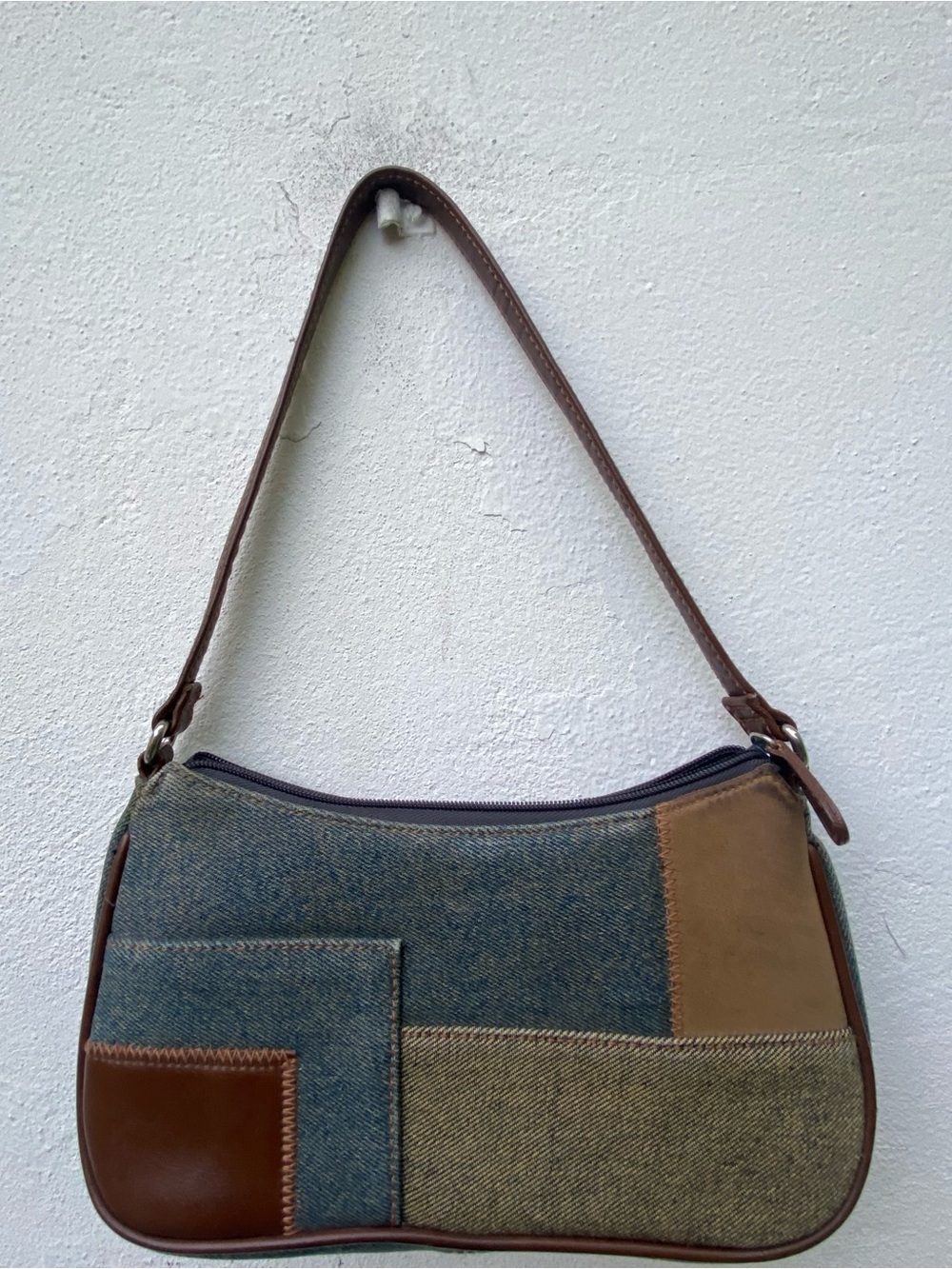 Y2K Blue Denim & Brown Leather Patchwork Shoulder Bag
